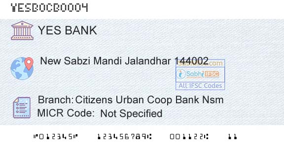 Yes Bank Citizens Urban Coop Bank NsmBranch 