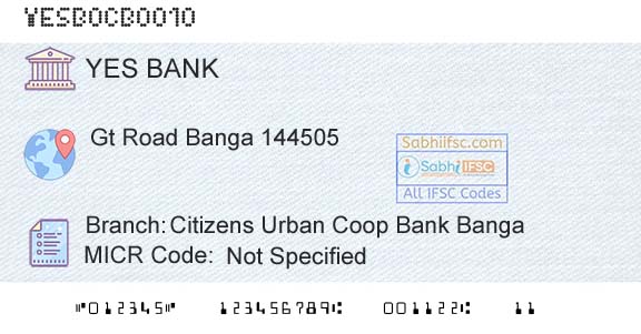 Yes Bank Citizens Urban Coop Bank BangaBranch 