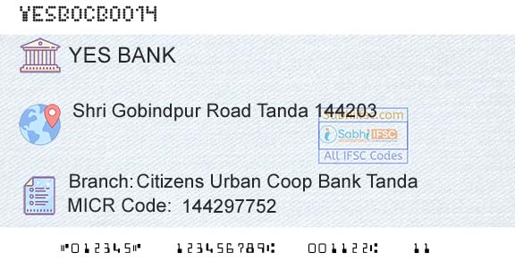 Yes Bank Citizens Urban Coop Bank TandaBranch 