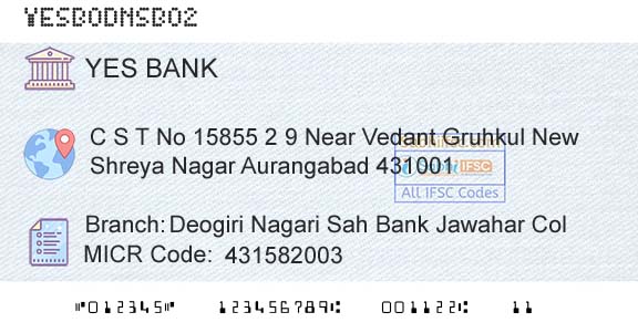 Yes Bank Deogiri Nagari Sah Bank Jawahar ColBranch 