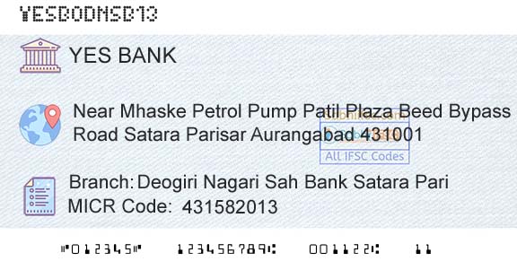 Yes Bank Deogiri Nagari Sah Bank Satara PariBranch 
