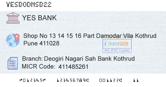 Yes Bank Deogiri Nagari Sah Bank KothrudBranch 
