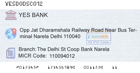 Yes Bank The Delhi St Coop Bank NarelaBranch 