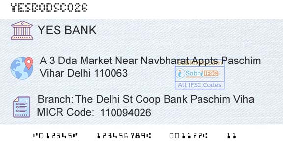 Yes Bank The Delhi St Coop Bank Paschim VihaBranch 