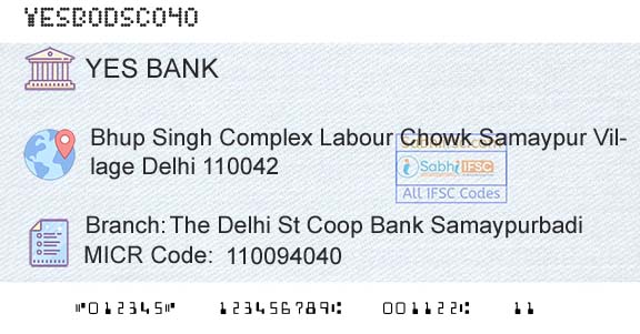 Yes Bank The Delhi St Coop Bank SamaypurbadiBranch 
