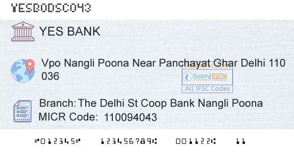 Yes Bank The Delhi St Coop Bank Nangli PoonaBranch 
