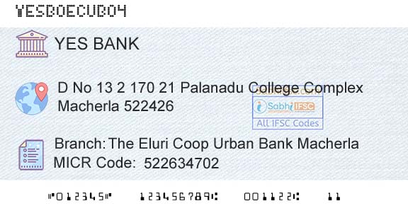 Yes Bank The Eluri Coop Urban Bank MacherlaBranch 
