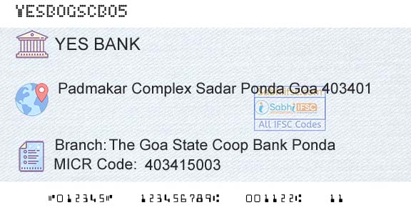 Yes Bank The Goa State Coop Bank PondaBranch 
