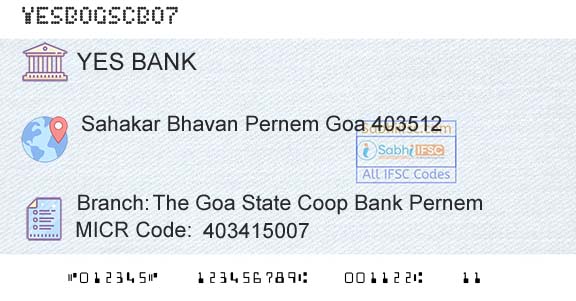 Yes Bank The Goa State Coop Bank PernemBranch 