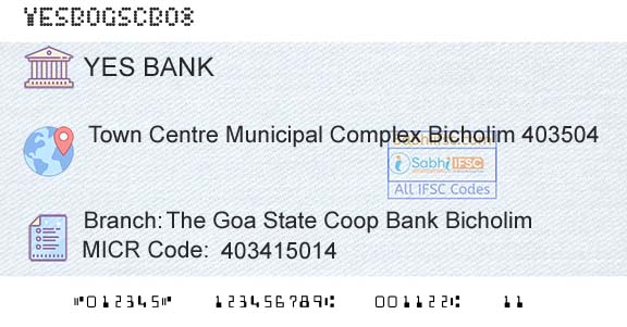 Yes Bank The Goa State Coop Bank BicholimBranch 