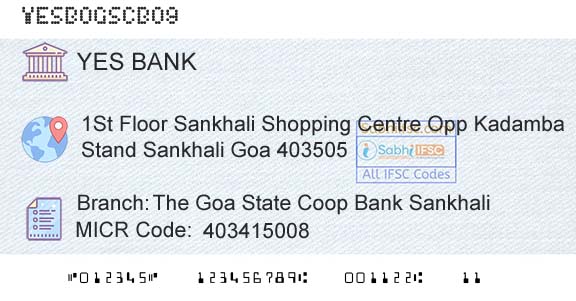 Yes Bank The Goa State Coop Bank SankhaliBranch 