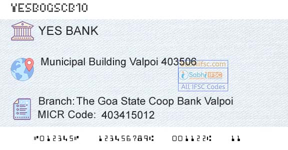 Yes Bank The Goa State Coop Bank ValpoiBranch 