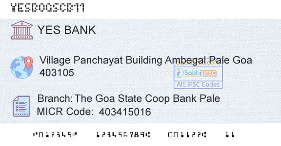 Yes Bank The Goa State Coop Bank PaleBranch 