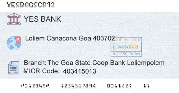 Yes Bank The Goa State Coop Bank LoliempolemBranch 
