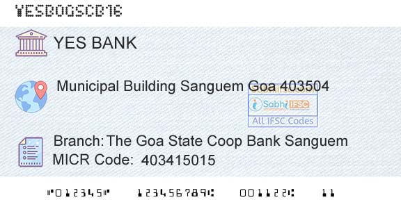 Yes Bank The Goa State Coop Bank SanguemBranch 