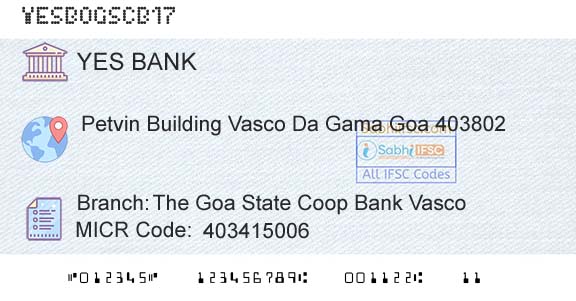 Yes Bank The Goa State Coop Bank VascoBranch 