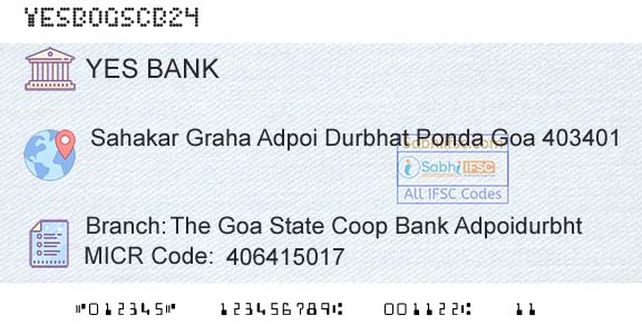 Yes Bank The Goa State Coop Bank AdpoidurbhtBranch 