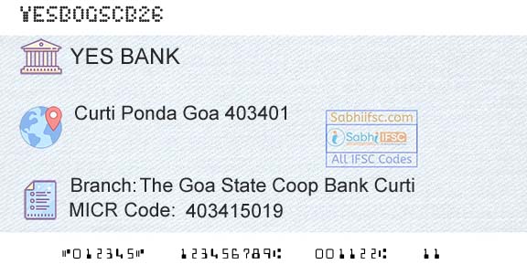 Yes Bank The Goa State Coop Bank CurtiBranch 