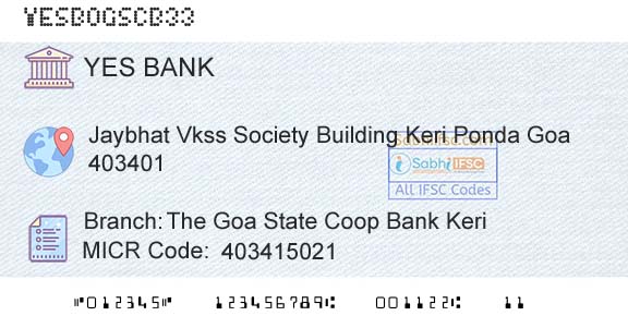 Yes Bank The Goa State Coop Bank KeriBranch 