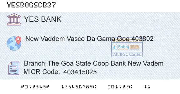 Yes Bank The Goa State Coop Bank New VademBranch 