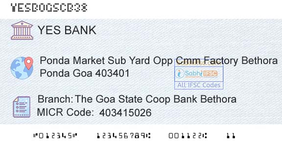 Yes Bank The Goa State Coop Bank BethoraBranch 