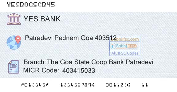 Yes Bank The Goa State Coop Bank PatradeviBranch 