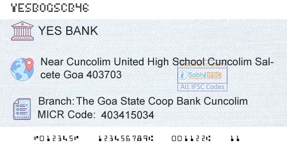 Yes Bank The Goa State Coop Bank CuncolimBranch 