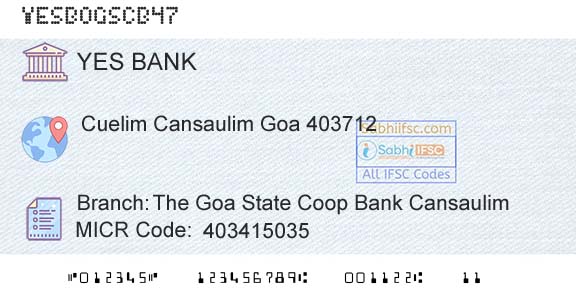 Yes Bank The Goa State Coop Bank CansaulimBranch 