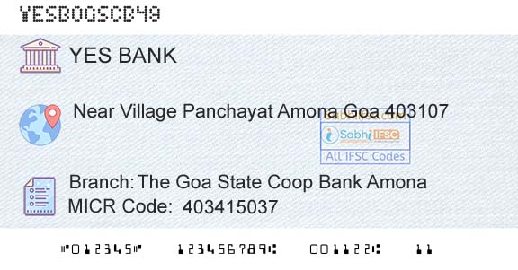 Yes Bank The Goa State Coop Bank AmonaBranch 