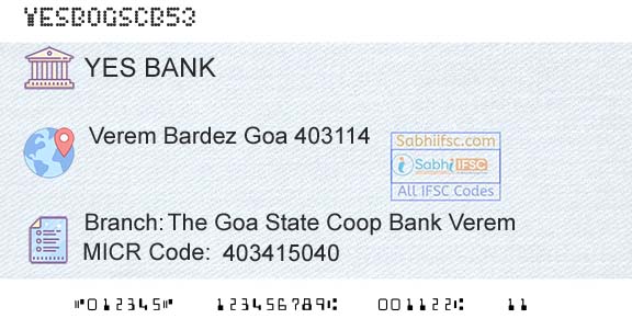 Yes Bank The Goa State Coop Bank VeremBranch 
