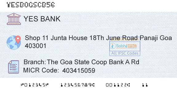 Yes Bank The Goa State Coop Bank A RdBranch 