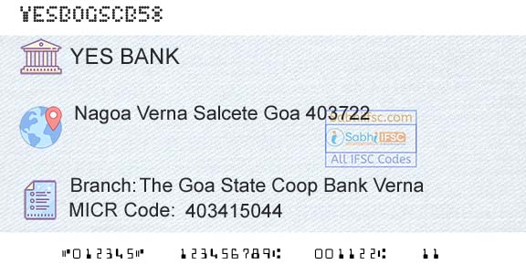Yes Bank The Goa State Coop Bank VernaBranch 