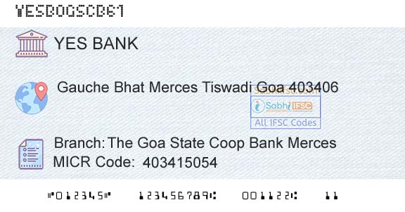 Yes Bank The Goa State Coop Bank MercesBranch 