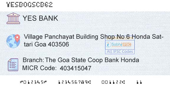 Yes Bank The Goa State Coop Bank HondaBranch 