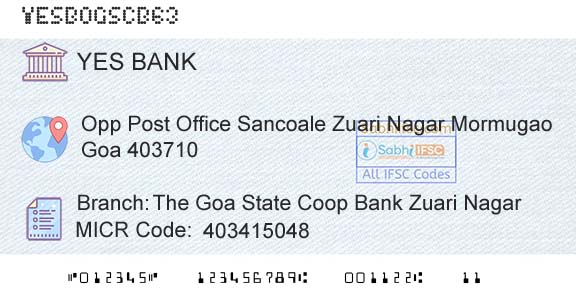 Yes Bank The Goa State Coop Bank Zuari NagarBranch 