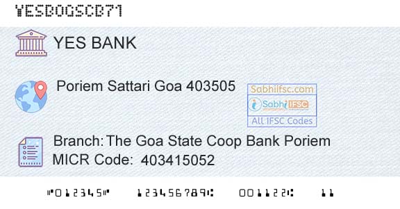 Yes Bank The Goa State Coop Bank PoriemBranch 