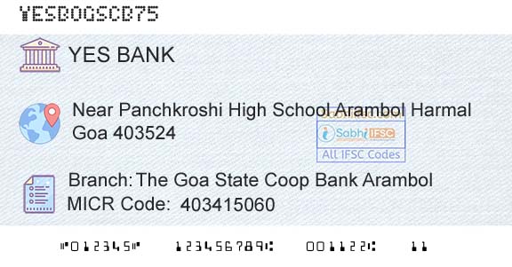Yes Bank The Goa State Coop Bank ArambolBranch 