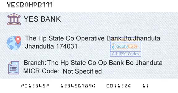Yes Bank The Hp State Co Op Bank Bo JhandutaBranch 