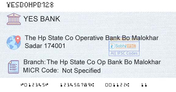 Yes Bank The Hp State Co Op Bank Bo MalokharBranch 
