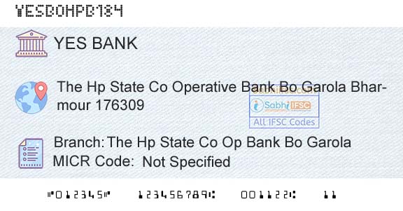 Yes Bank The Hp State Co Op Bank Bo GarolaBranch 