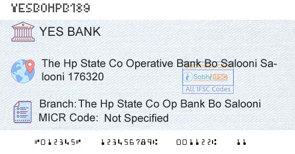 Yes Bank The Hp State Co Op Bank Bo SalooniBranch 