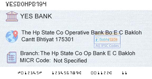 Yes Bank The Hp State Co Op Bank E C BaklohBranch 