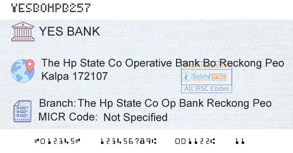 Yes Bank The Hp State Co Op Bank Reckong PeoBranch 