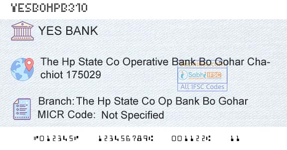 Yes Bank The Hp State Co Op Bank Bo GoharBranch 