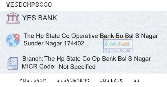 Yes Bank The Hp State Co Op Bank Bsl S NagarBranch 
