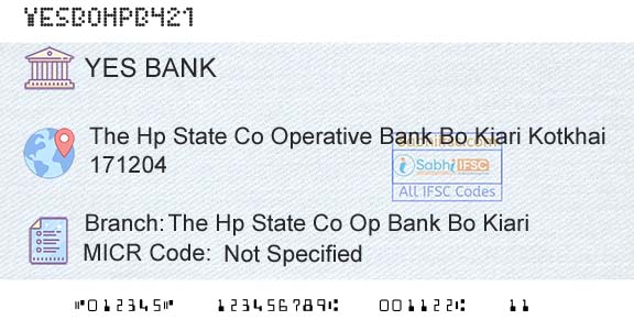 Yes Bank The Hp State Co Op Bank Bo KiariBranch 