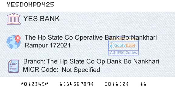 Yes Bank The Hp State Co Op Bank Bo NankhariBranch 