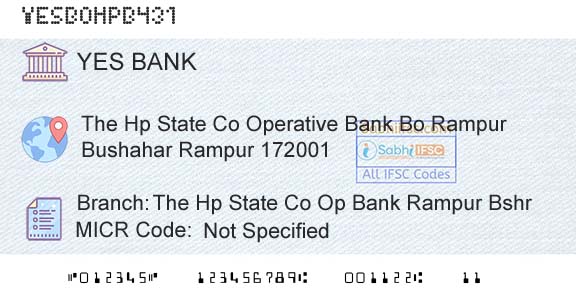 Yes Bank The Hp State Co Op Bank Rampur BshrBranch 