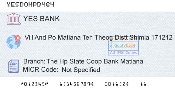 Yes Bank The Hp State Coop Bank MatianaBranch 