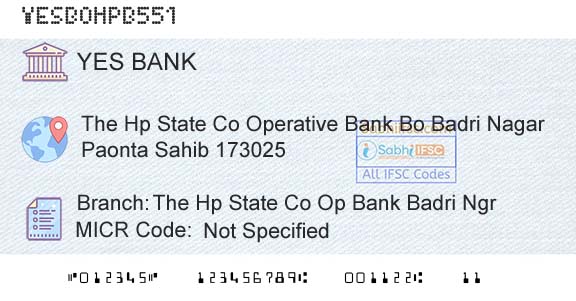 Yes Bank The Hp State Co Op Bank Badri NgrBranch 